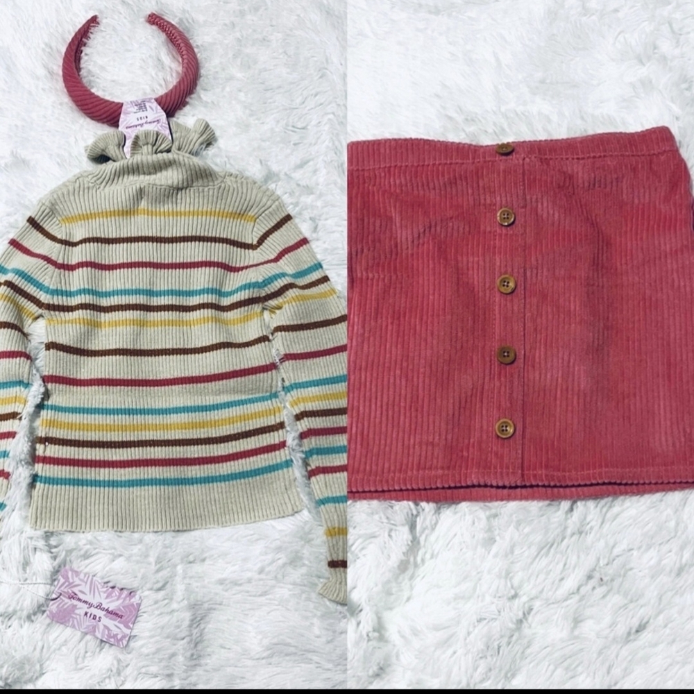 Tommy Bahama Kids Cream Striped Mock Neck Sweater with Pink Headband